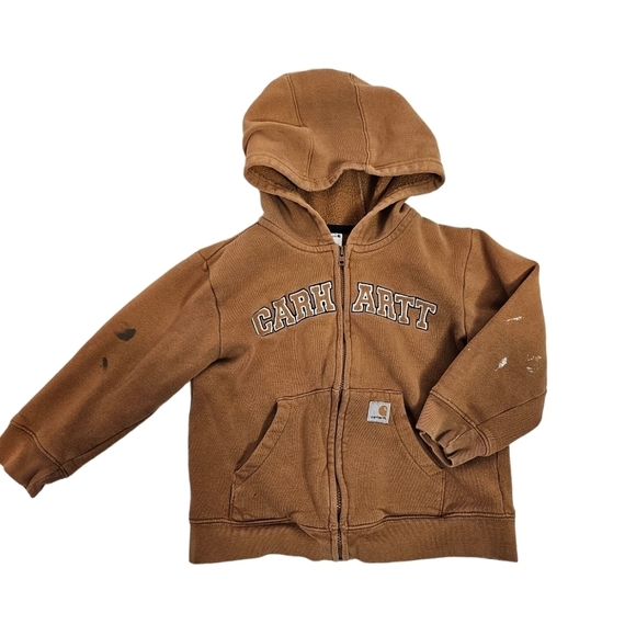 Carhartt Camel Distressed Full Zipper Hooded Sweatshirt Size 3T Toddler - Picture 1 of 10